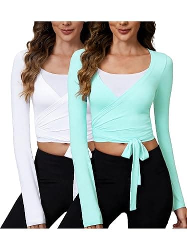 BJhaz Women's Pilates Wrap Tops V Neck Long Sleeve Yoga Workout Shirt | 2 Pack Set, Cross Front&Back Tie, Dance Outfits, Cover up Top, Bolero Shrug Cardigan thumbnail 8