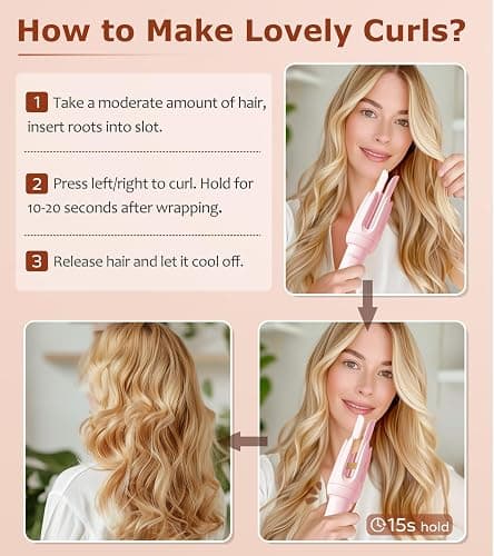 Auto Hair Curler, Automatic Curling Iron with 4 Temperature & 3 Timer, Automatic Shut-Off, Anti-Scald, Anti-Tangle Rotating Curling Wand for Hair Styling, Pink thumbnail 7