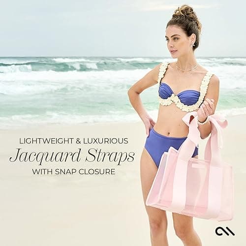 Case-Mate Pink Bow Beach Tote - Lightweight Beach Bag with Phone Pouch for Women - Waterproof, Tip-Proof, Foldable & Washable - Tote Bag for Beach, Pool, Travel and Vacation - Large - Ballet Pink - Large thumbnail 3