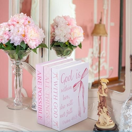 Beeveer 3 Pcs Pink Bow Decorative Books with Bible Verses for Coquette Room Decor Christian Preppy Fake Books with God All Things Are Possible Magnetic Storage Box for Girly Bookshelf School Christmas thumbnail 2