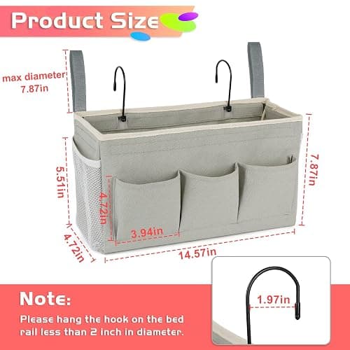 Loghot Bedside Caddy/Bedside Storage Bag Hanging Organizer for Bunk and Hospital Beds,Dorm Rooms Bed Rails,Can be Placed Glasses,Books,Mobile Phones,Keys (New Grey) thumbnail 2
