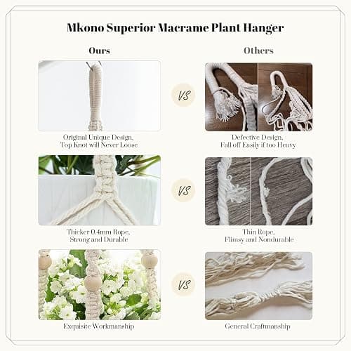 Mkono Macrame Plant Hanger Indoor Hanging Planter Basket with Wood Beads Decorative Flower Pot Holder No Tassels for Indoor Outdoor Boho Home Decor 35 Inch, Ivory, Set of 1 (POTS NOT Included) thumbnail 6