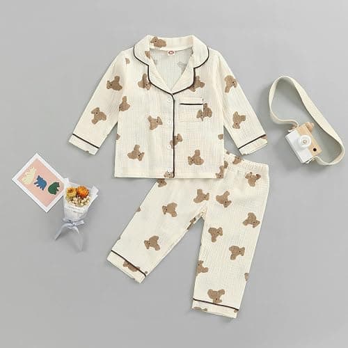 BULINGNA Kids Toddler Girl Boy Two Piece Pajamas Set Button Down Pajama Shirt Top Pants Shorts Bear Sleepwear Pjs Set thumbnail 7