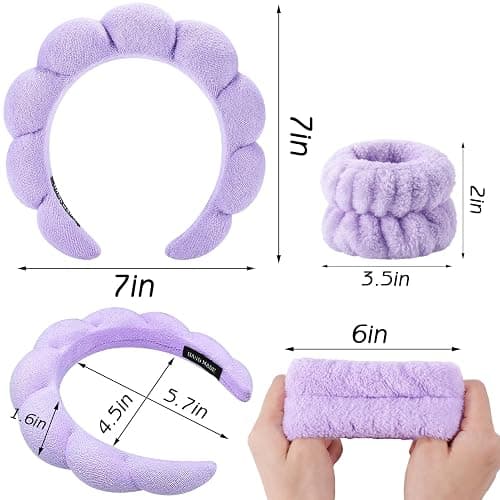 Zkptops Spa Headband for Washing Face Wristband Set Sponge Makeup Skincare Headband Terry Cloth Bubble Soft Get Ready Hairband Women Girl Puffy Padded Headwear Non Slip Thick Hair Accessory(Purple) thumbnail 6