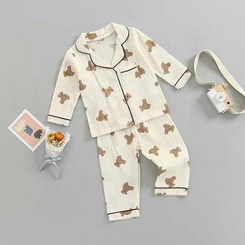 BULINGNA Kids Toddler Girl Boy Two Piece Pajamas Set Button Down Pajama Shirt Top Pants Shorts Bear Sleepwear Pjs Set thumbnail 2
