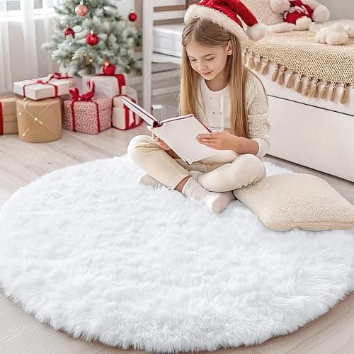 OLANLY White Round Rugs for Bedroom - Machine Washable, 4 ft Circle Area Rugs for Living Room, Soft and Fluffy Shaggy Carpet for Teen Girls and Boys, Nursery Rooms, Dorms, Home Decor Aesthetic - Image 1