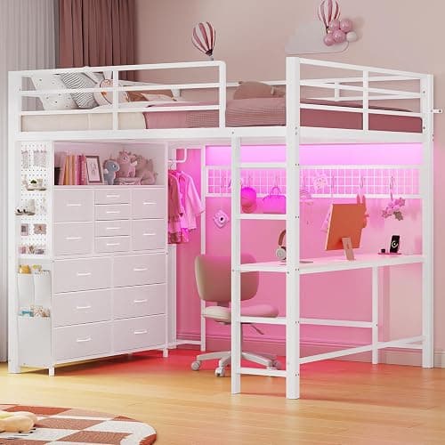 ADORNEVE Full Size Loft Bed with Desk,14 Storage Drawers & Power Outlet, Full Loft Beds with LED Lights, Pegboard, Metal Loft Bed with Safety Guardrail & Ladder, Space Saving for Teens, White - Image 1