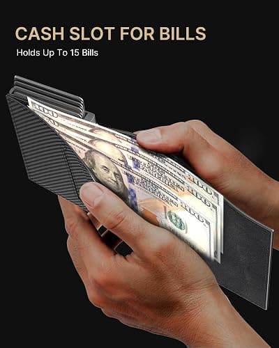 typecase Mens Wallet Card Holder: Pop Up Aluminum Case, Genuine Leather, Smart, RFID Blocking, Slim, Minimalist, Front Pocket - 9-14 Card Capacity | ID Window | Cash Slot (Carbon Fiber) thumbnail 9