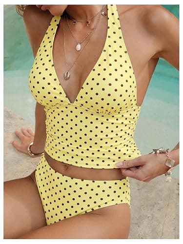 Milumia Women's Polka Dots Tankini Swimsuits Halter V Neck Backless Two Piece Bathing Suits thumbnail 2