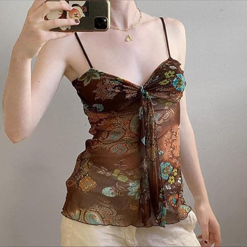 Women's Retro Printed Halter Top,Mesh Pleated Strappy Neck,Stylish Sleeveless Slim Top Base Layer thumbnail 2
