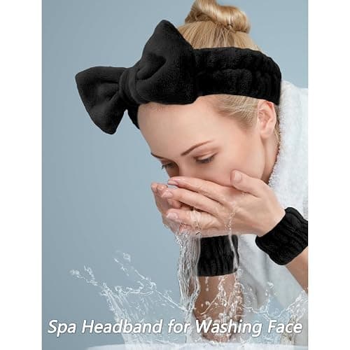 VELSCRUN Spa Headbands for Wash Face, Makeup Headband, Facial Skincare Headbands, 5 Pcs Black Puffy Sponge Spa Headband Bow Tie Hair Band Hair Clips Wristband Set Women Girls Accessories thumbnail 2