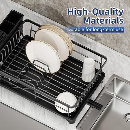 PurKeep Dish Drainer Rack - Space-Saving Dish Rack with Utensil Holder for Kitchen Counter, Large Capacity Dish Drying Rack with Draining Board, Black thumbnail 5