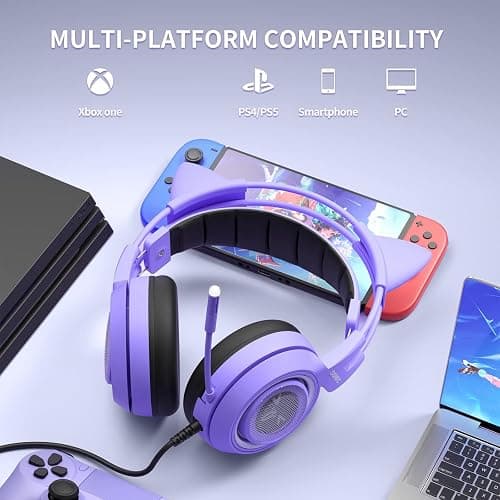 SOMIC G951S Purple Stereo Gaming Headset with Mic for PS4, PS5, Xbox One, PC, Phone, Detachable Cat Ear 3.5MM Noise Reduction Headphones Computer Gaming Headphone Self-Adjusting Gamer Headsets thumbnail 4