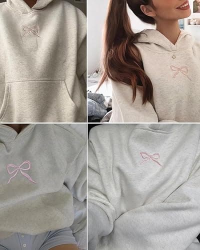 Women Bow Embroidery Hoodie Teen Girls Cute Graphic Hooded Loose Preppy Y2K Long Sleeve Pullover Hoodie Tops - Small - Pink thumbnail 5