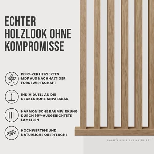 KGM Komplett-Set Raumteiler 90° - Eiche Natur - MDF foliert - 100 x 270 cm | Lamellenwand, Sichtschutz & Raumtrenner für Deko & Wohnbereich, inkl. 12 Lamellen, PEFC, kürzbar, langlebig & abwischbar thumbnail 6