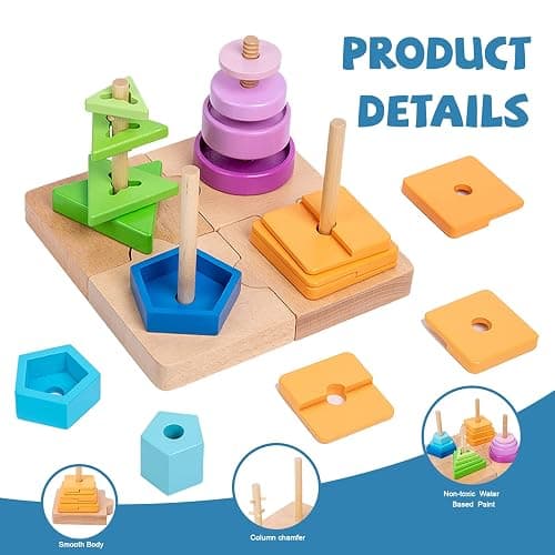 Adena Montessori 4-in-1 Shape Color Sorting Toy for Toddlers - Wooden Educational Toy With Detachable Bases, Gradients of Colors and Shapes for 12-18 Months thumbnail 4