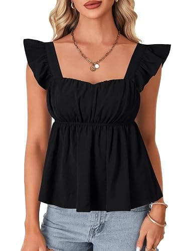 Rooscier Women's Square Neck Ruffle Cap Sleeve Ruched Peplum Babydoll Blouse Tank Tops thumbnail 2
