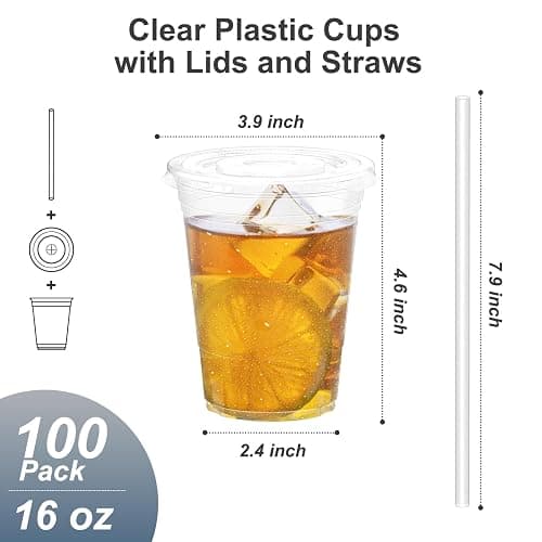 Dealusy 100 Pack - 16 oz Clear Plastic Cups with Lids and Straws, Sturdy & Food Safe Iced Coffee Cups with lids, Disposable Plastic Smoothie Cups for Cold Drinks thumbnail 3
