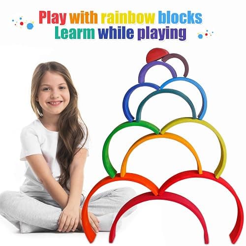 Dinhon Wooden Rainbow Stacking Toys, 12 Pcs Wood Building Blocks Set Wooden Building Blocks Nesting Puzzles, Early Matching Educational Learning Montessori Toys for Kids 3 4 5 6 Years and Up thumbnail 6