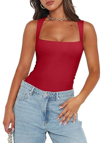 REORIA Butsmooth® Women’s Sexy Sleeveless Square Neck Double Lined Basic Bodysuit Tank Tops thumbnail 2