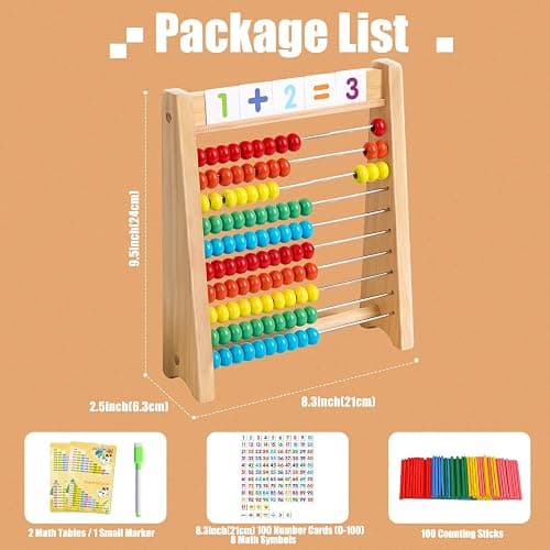 Ranqibo Wooden Abacus for Kids Math - 10-Row Counting Toy with 100 Beads, Number Cards & Counting Sticks, Educational Counters for Kids Math Gift for Age 3 4 5 6 7 Year Old Boy Girl thumbnail 2