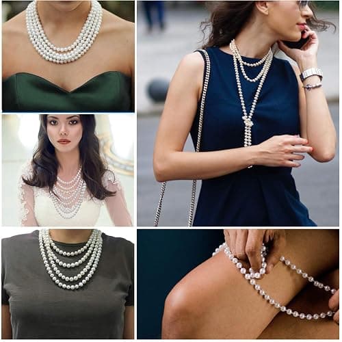 Jidyllic Collier de Perles Art Déco, 150 cm, Perles d'Imitation Blanc, Plastique ABS, Unisex Adulte thumbnail 7