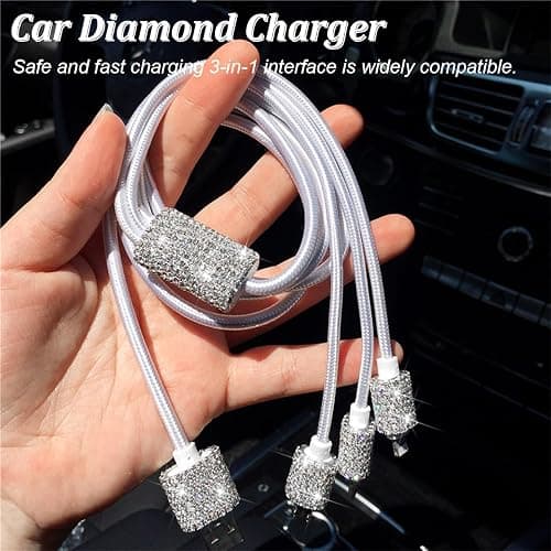 Bling Dual USB Car Charger with 3-in-1 Multi Fast Charging Cable, Dual Port Charger Adapter with Type C Micro USB Cord for iPhone, Android, Rhinestones Car Interior Accessories for Women(White) thumbnail 6