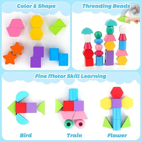 Montessori Wooden Beads Sequencing Toy Set, Stacking Blocks & Lacing Beads & Matching Shape Stacker for 2 3 4 5 Year Old STEM Preschool Learning Montessori Toys Gifts for Kids Boy Girl Toddler thumbnail 6