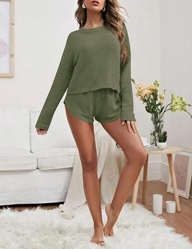 Ekouaer Womens Waffle Knit Pajama Sets Long Sleeve Top and Shorts Matching Lounge Set Loungewear Sweatsuit with Pockets thumbnail 2