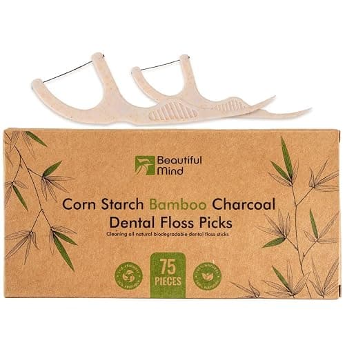 Natural Dental Floss Picks 75 Pack – Organic Biodegradable Floss Sticks with Strong Bamboo Charcoal Thread & Vegan Cornstarch Handle – No Plastics, No Artificial Flavours - Kraft Paper Box - Image 1