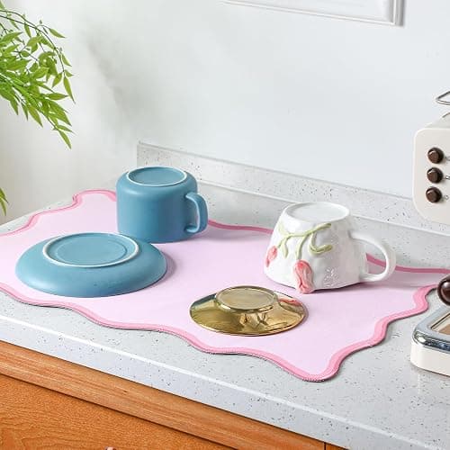 Nuanchu Pink Coffee Mat 12" x 19" Pink Coffee Bar Accessories Cute Dish Drying Mat for Kitchen Counter Scalloped Aesthetic Waterproof Coquette Drainer Pad thumbnail 4
