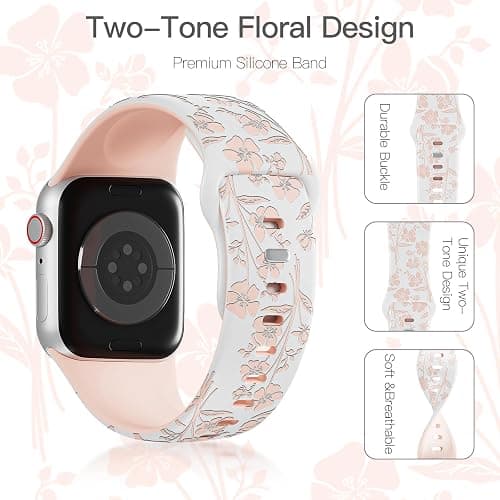 Floral Engraved Silicone Bands Compatible with Apple Watch Band 38mm 40mm 41mm 42mm 44mm 45mm 49mm for Women, Two-Tone Flower Sport Soft Strap for iWatch Series 9/Ultra/8/7/SE/6/5/4/3/2/1 thumbnail 2