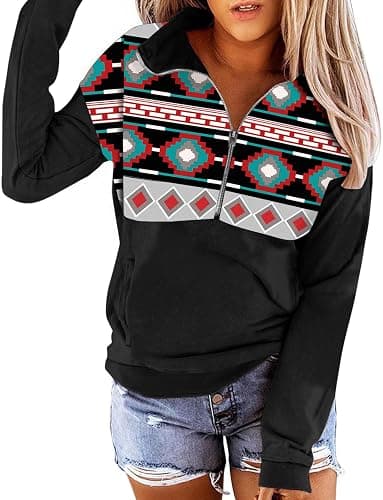 LEMAFER Women's 2024 Casual Aztec Cow Print Zipper Collar Pullover Sweatshirt Western Cowgirl Ethnic Style Hoodies - Image 1