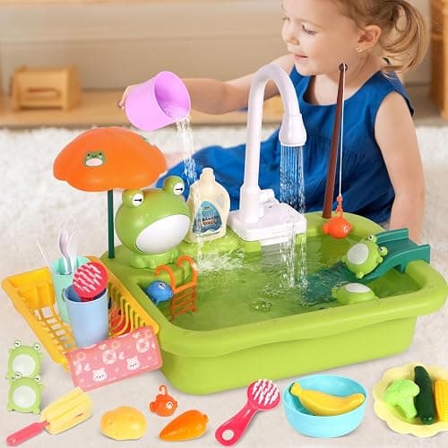 Play Sink with Running Water, Kitchen Sink Toy with Functional Faucet, Play Food and Kitchen Accessories, Floating Fishing Water Toy for Toddler, Pretend Play Dishwasher for Kids thumbnail 2