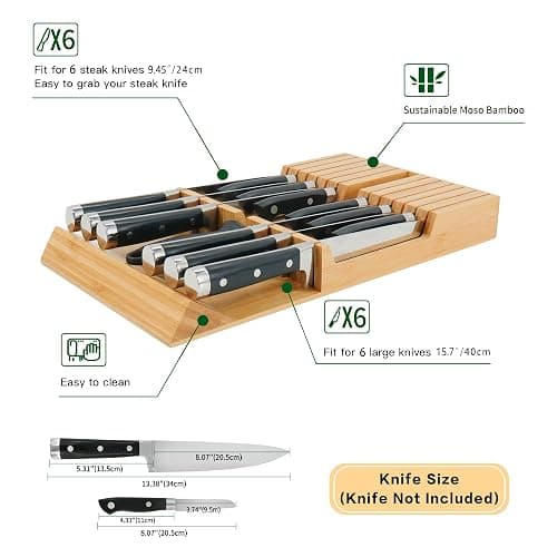 Utoplike in-Drawer Knife Block Bamboo Kitchen Knife Drawer Organizer, Handle Steak Knife Holder Without Knife, Fit for 12 Knives and 1 Sharpening Steel (Knives Not Included) thumbnail 4