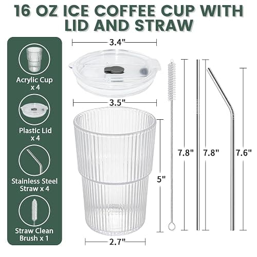 HIGIINC Iced Coffee Cups With Lids and Straws 4 Pcs, 16 OZ Unbreakable Glasses Drinking Set,Clear Plastic Cups Reusable Iced Coffee Tumbler with Lid and Straw, To Go Coffee Cups Dishwasher Safe thumbnail 2