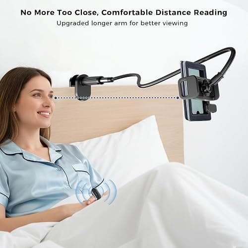 [Case-Friendly] Long Tablet Stand for Kindle with Page Turner Ring Remote, Gooseneck Holder for Reading in Bed with Clicker, eReader Accessories Gift for Readers Compatible with iPad iPhone Fire HD thumbnail 4