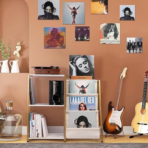HYCFYJR Stand for Record Player, 3 Tier Vinyl Record Storage with Now Playing Holder, Turntable Stand, Vinyl Display with Speaker Storage for Living Room, Gold White thumbnail 7