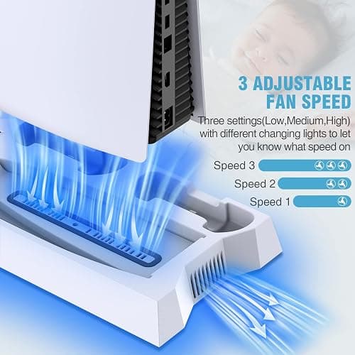 PS5/PS5 Slim/PS5 Pro Stand and Cooling Station with Dual Controller Charging Station for PlayStation 5 Console, PS5 Accessories Incl. Controller Charger, Cooling Fan, Headset Holder, 3 USB Hub, White thumbnail 3