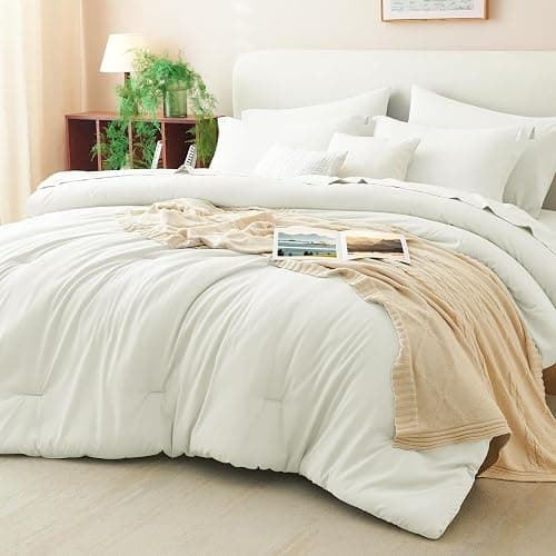 CozyLux Queen Comforter Set Ivory, 7 Pieces Bed in a Bag Queen Comforter Set with Sheets, Luxury Soft Bedding Sets with Down Alternative Comforter, Fitted Sheet, Flat Sheet, Pillowcases & Shams - Image 1