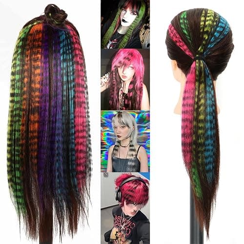 kudois 3Pcs Stripe Printed Wig Piece Colorful Long Straight Clip-in Hair Extensions for Daily Use Party Halloween thumbnail 4