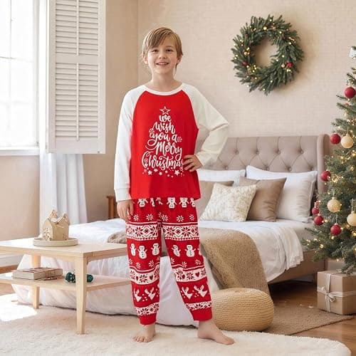 Urkutoba Family Christmas Pajamas Matching Sets - Soft Lettler Print Xmas Pjs for Couples & Kids | Holiday Family Pajamas thumbnail 6