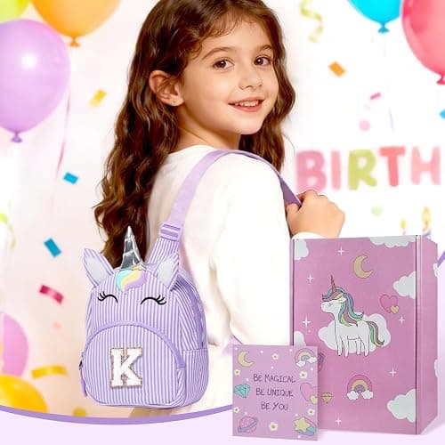 COSHAYSOO Purple Purse for Little Girls 3-5 4-6 6-8 8-10 Unicorn Birthday Party Easter Gifts for Kids Flower Girl Dance Recital Performance Travel Trip Favors Initial Letter K thumbnail 2