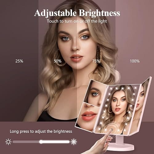 HUONUL Makeup Mirror Vanity Mirror with Lights, 2X 3X 10X Magnification, Lighted Makeup Mirror, Touch Control, Trifold Makeup Mirror, Dual Power Supply, Portable LED Makeup Mirror, Women Gift (Pink) thumbnail 3