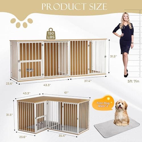 Large Double Dog Crate Furniture - TV Stand & Indoor Kennel with Adjustable Divider, Heavy Duty Wooden Pet House for 2 Large Breed Dogs, Removable Doors, with Rotating Feeder (White) thumbnail 7