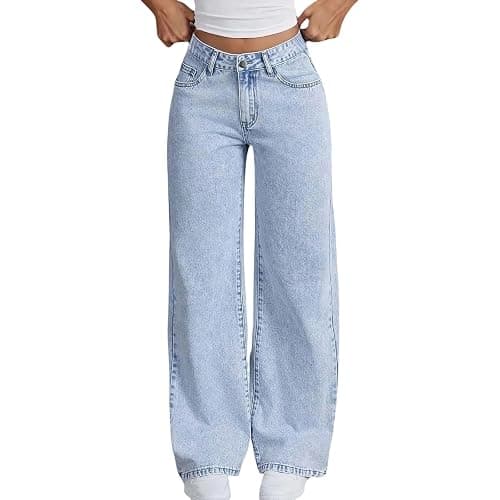 Girls High Wasited Jeans Wide Leg Straight Y2K Solid Baggy Denim Pants Cute Loose Fit Denim Trousers - Image 1