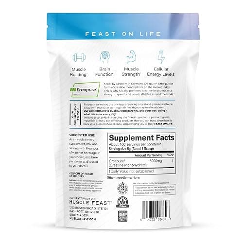 Muscle Feast Creapure Creatine Monohydrate Powder, Vegan Keto Friendly Gluten-Free, Mass Gainer, Muscle Recovery Supplement and Trusted Creatine for Muscle Growth, Creatine Powder, Unflavored, 500g thumbnail 9