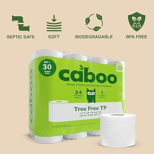 Caboo 100% Bamboo Toilet Paper, 24 Rolls | Sustainable, Tree Free, Septic Safe, Non Toxic, Chemical Free, Lint Free | 2 Ply Toilet Tissue, Pack of 24 Double Rolls, 300 Sheets Per Roll thumbnail 2