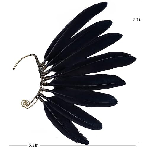 FRESHME Black Faux Feather Ear Cuffs - Indian Ethnic Plume Ear Clips Viking Tribal Earrings Bronze Wire Wrapped Fairy Elf Ear Cuffs Wraps Fantasy Jewelry for Unisex Cosplay Costume Dress Accessories thumbnail 3