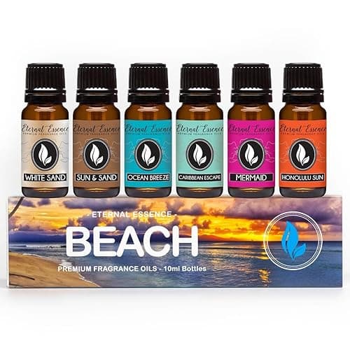 Eternal Essence Oils Beach Set of 6 Premium Fragrance Oils - Includes White Sand, Ocean Breeze, Honolulu Sun, Mermaid, Caribbean Escape, and Sun & Sand Scented Oils - 10ML